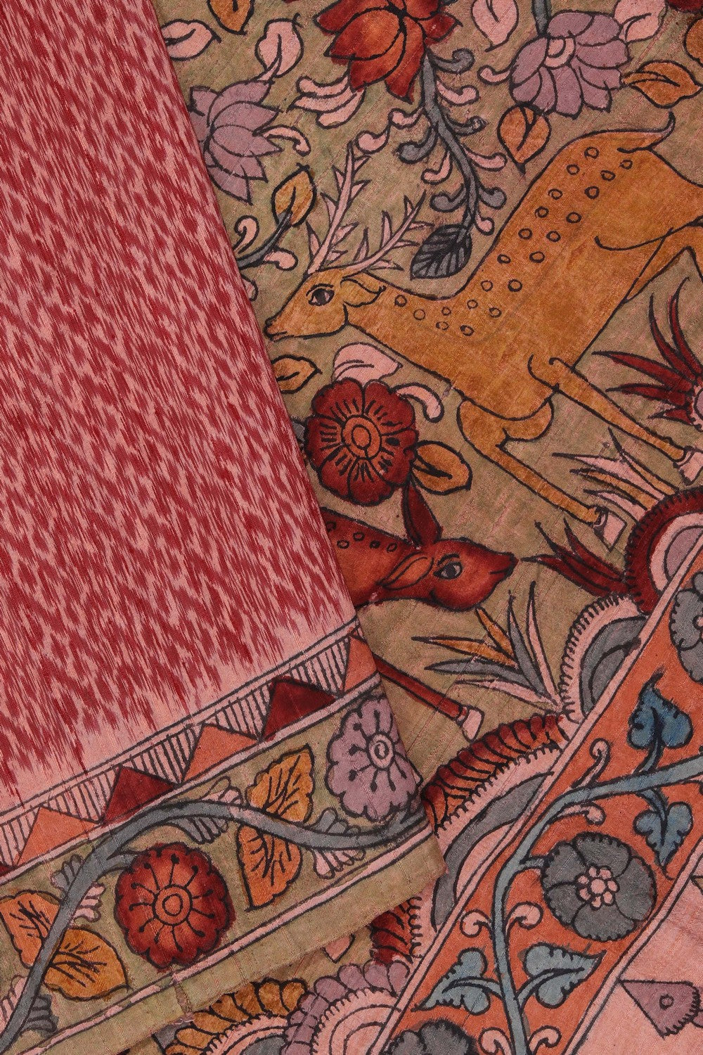 Image of Dupion Kalamkari Painted Cream- Red Saree